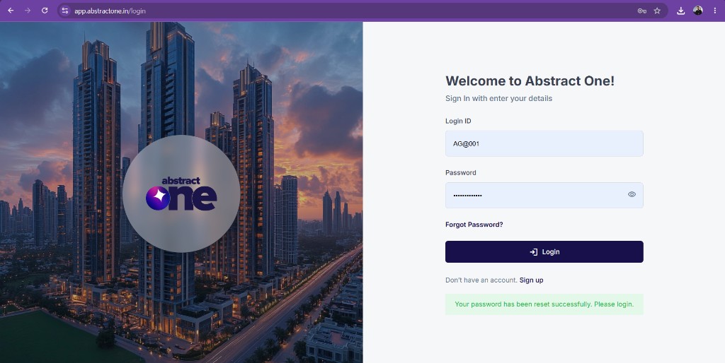 Login page showing successful password reset message