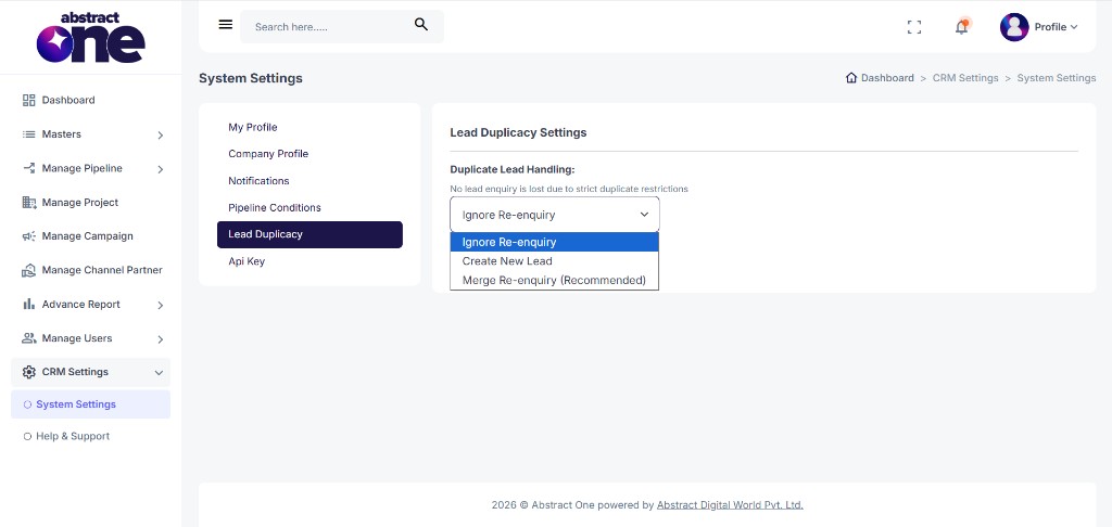 Lead Duplicacy Settings with duplicate lead handling dropdown