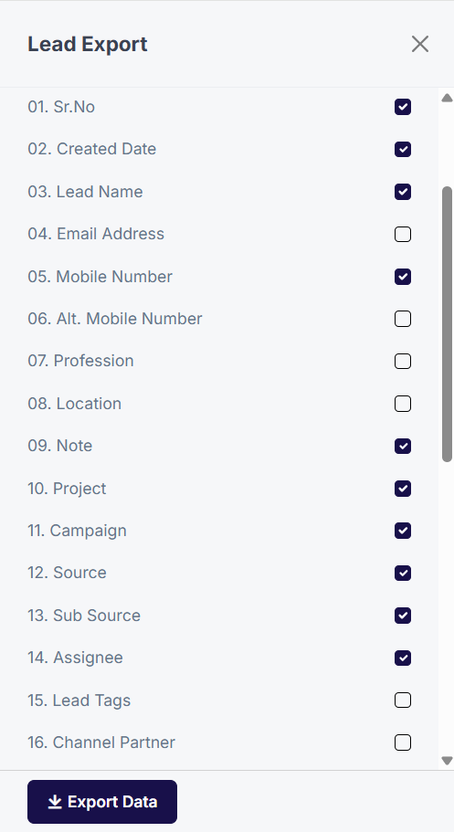 Lead export columns 1 to 16