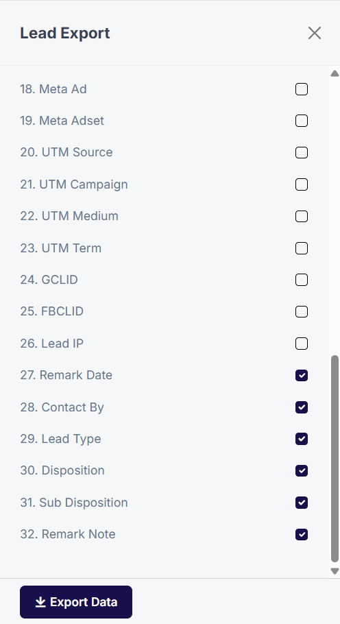 Lead export columns 18 to 32
