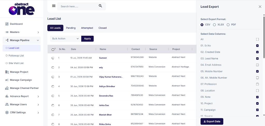 Lead Export drawer with format and column selection