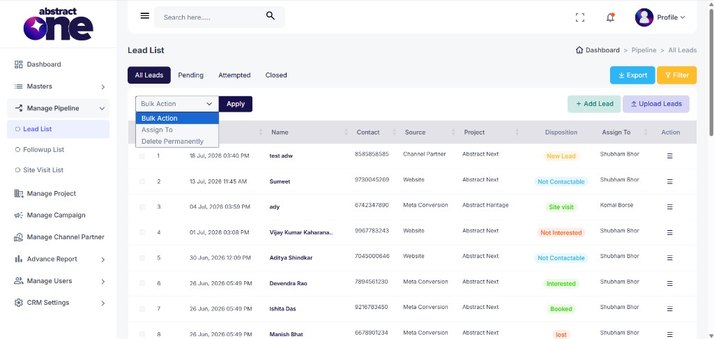 Bulk Action dropdown with Assign To and Delete Permanently