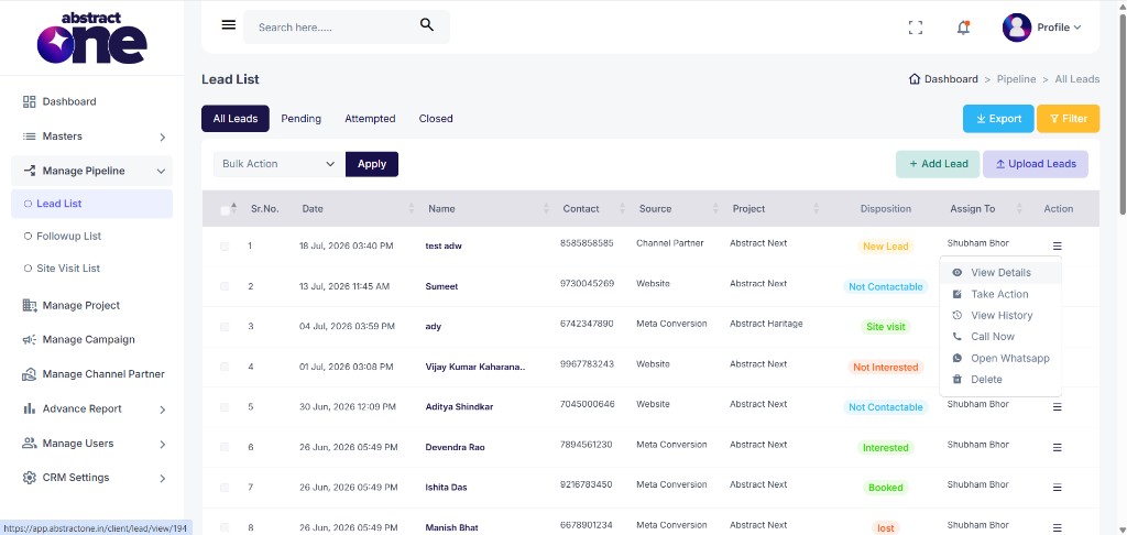 Lead action menu with View Details, Take Action, View History, Call Now, Open Whatsapp, Delete