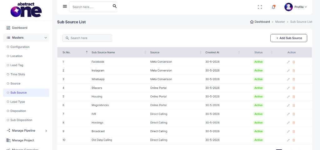 Sub Source List page
