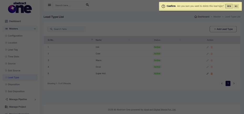 Delete lead type confirmation