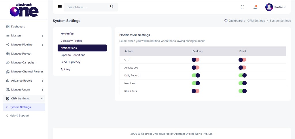 Notification Settings page with desktop and email toggles