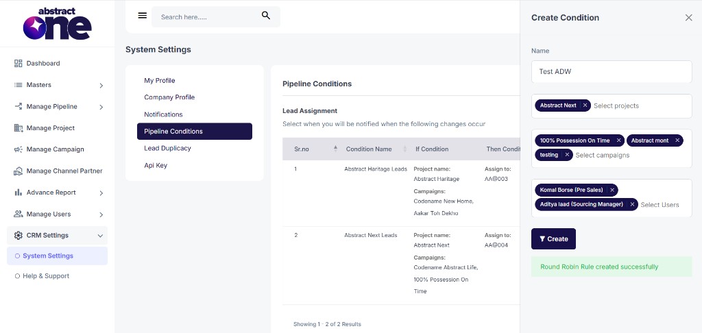Pipeline condition created successfully