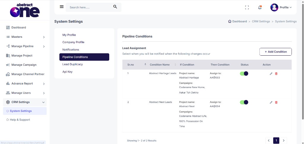 Pipeline Conditions list with lead assignment rules