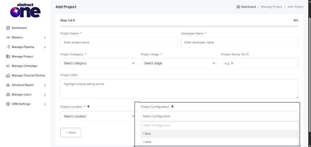 Project Configuration dropdown in Add Project form