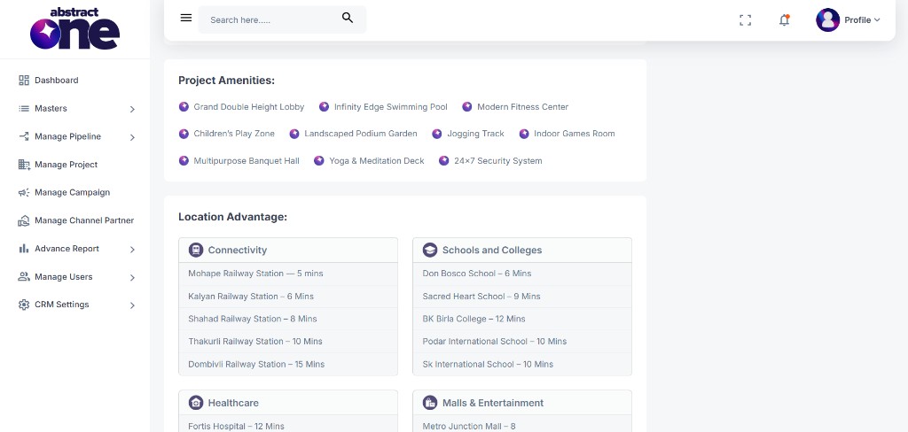Project Amenities and Location Advantages section