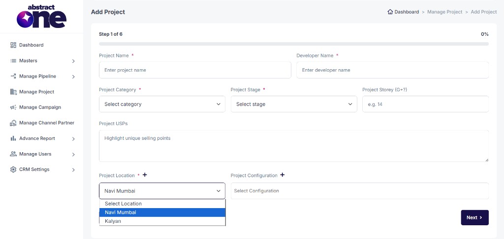 Project Location dropdown in Add Project form