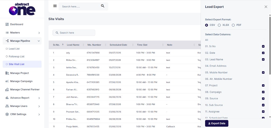 Export Site Visits drawer with format and column selection