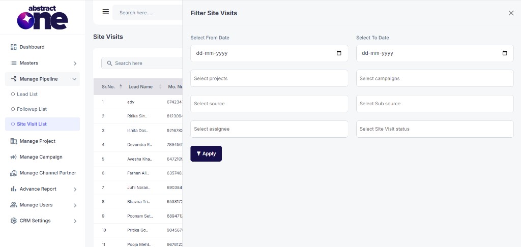 Filter Site Visits drawer with filter fields