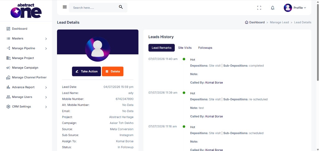 Lead Details page opened from Site Visit List eye icon