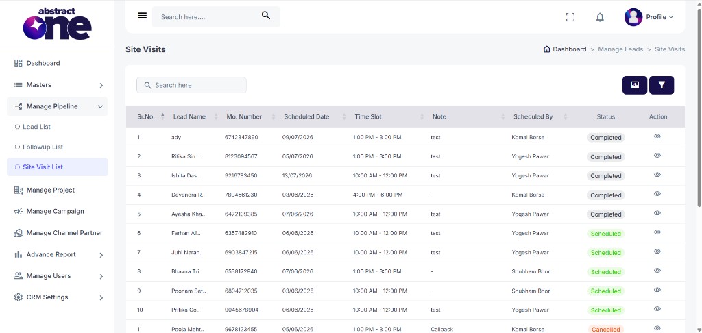 Site Visits list page