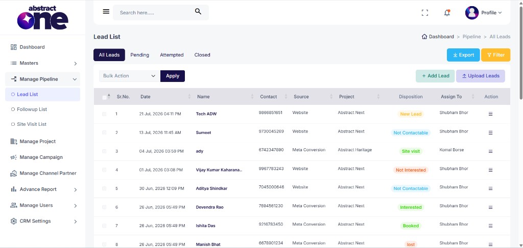 Lead List page with Upload Leads button