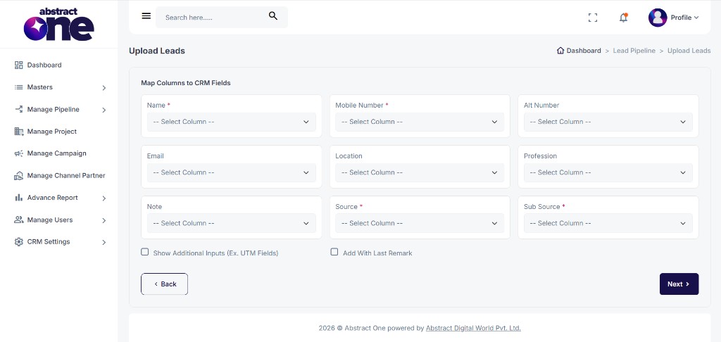 Map Columns to CRM Fields step