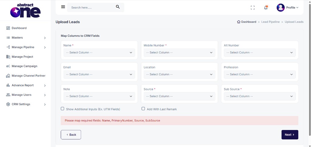 Map columns validation error for required fields