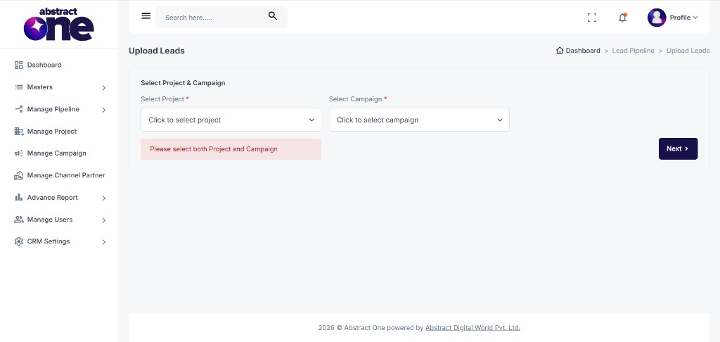 Select Project and Campaign with validation error