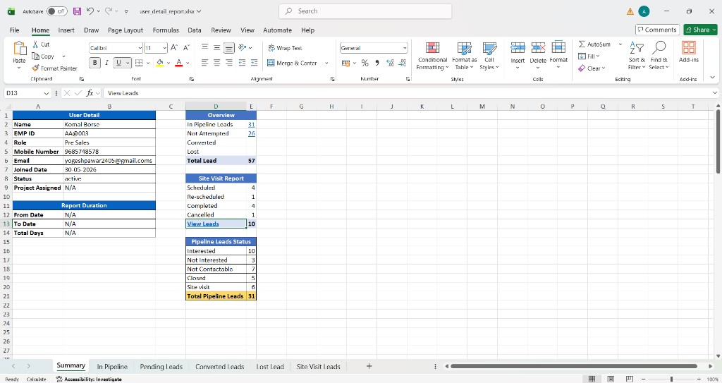 Exported User Individual Report detailed excel format