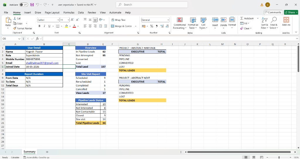 Exported Users Report list excel summary