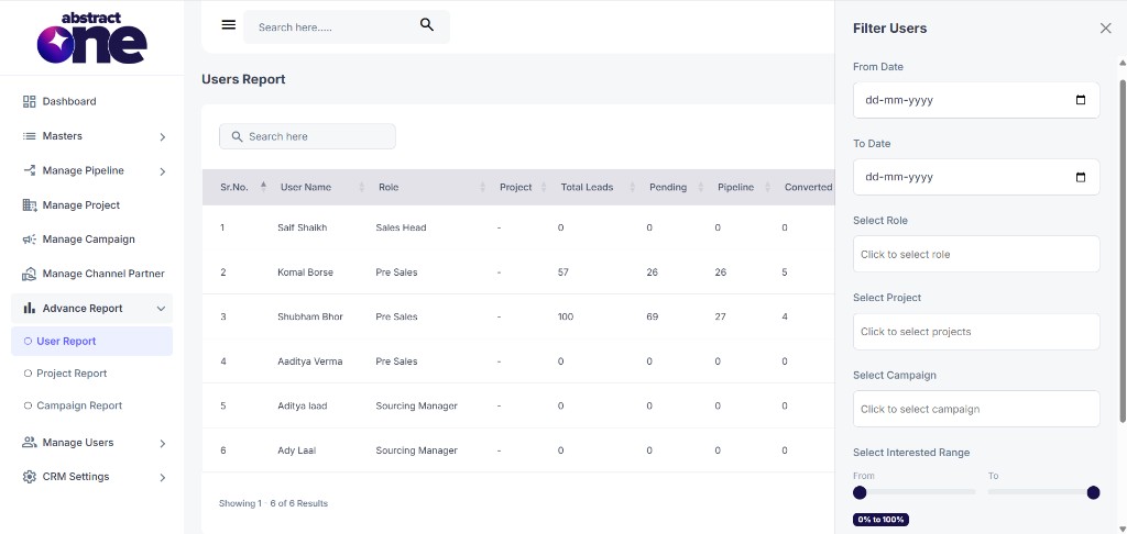 Filter Users drawer on users list page
