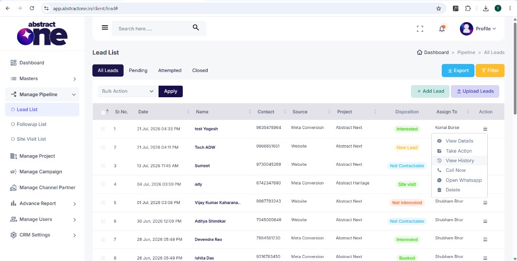 Lead List action menu with View History option