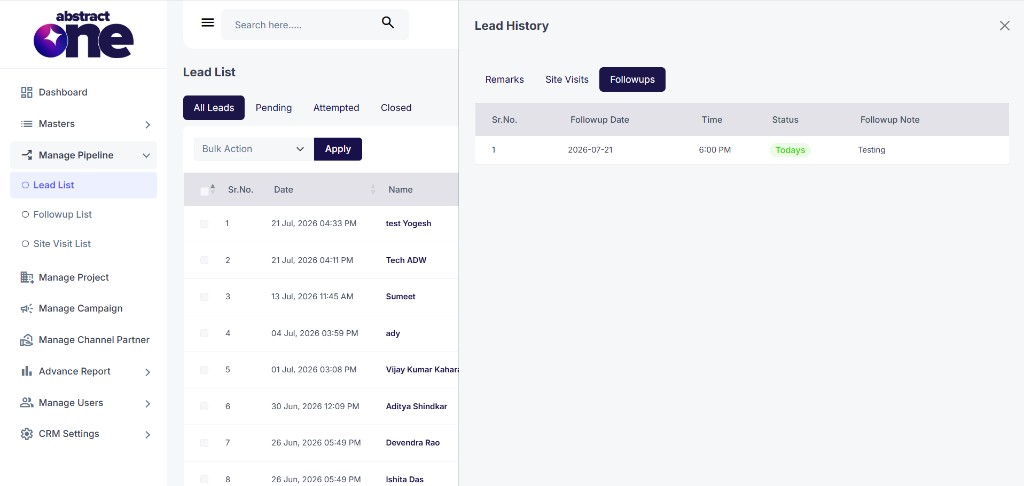 Lead History Followups tab with followup entries