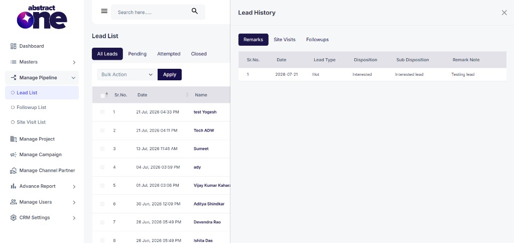 Lead History Remarks tab with remark entries
