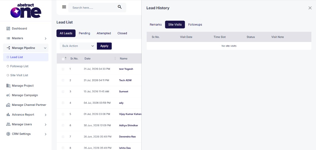 Lead History Site Visits tab