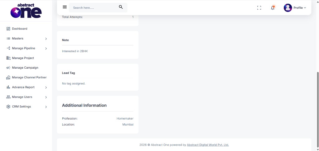 Lead Note, Lead Tag, and Additional Information sections