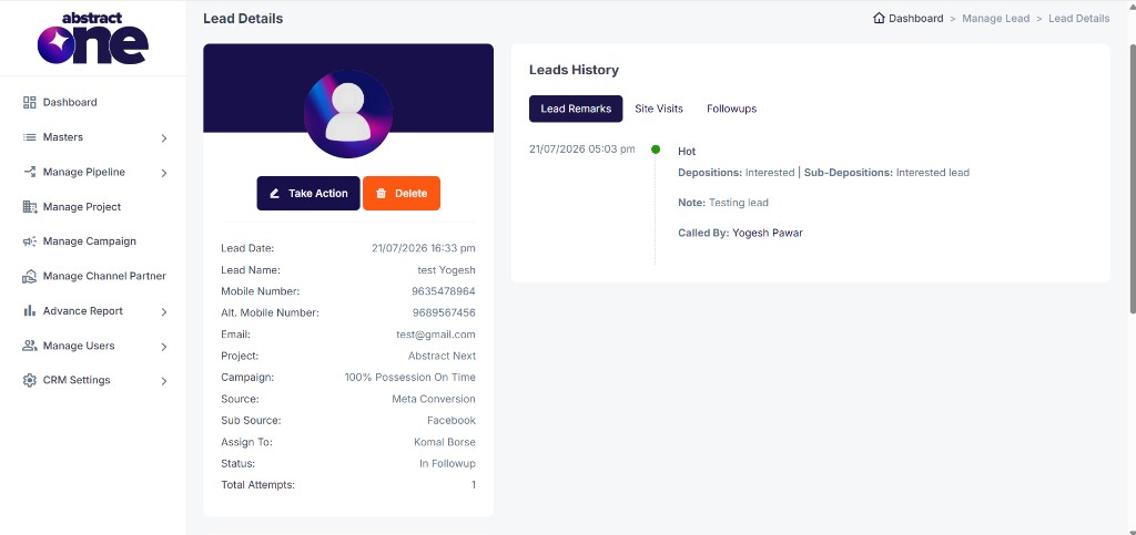 Lead Details page with profile and history