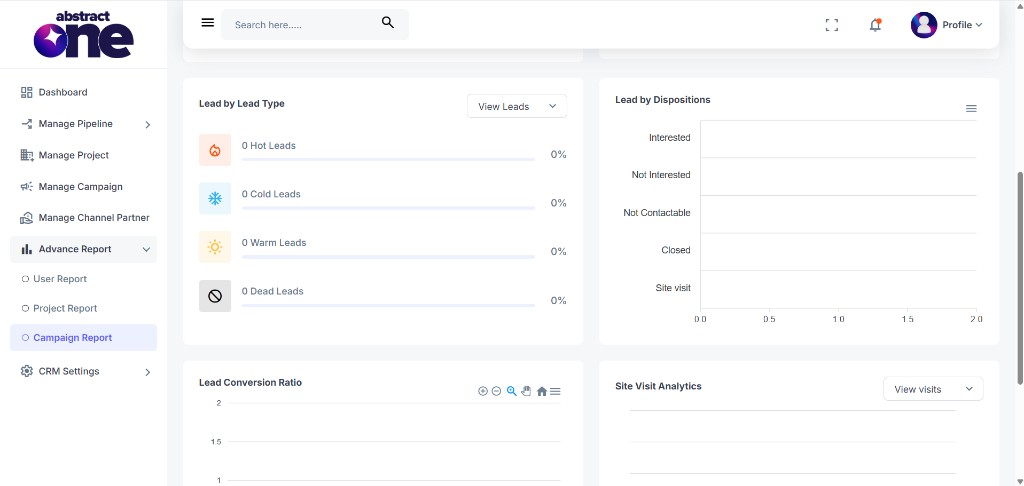 Lead by Lead Type, Dispositions, Conversion Ratio, and Site Visit Analytics
