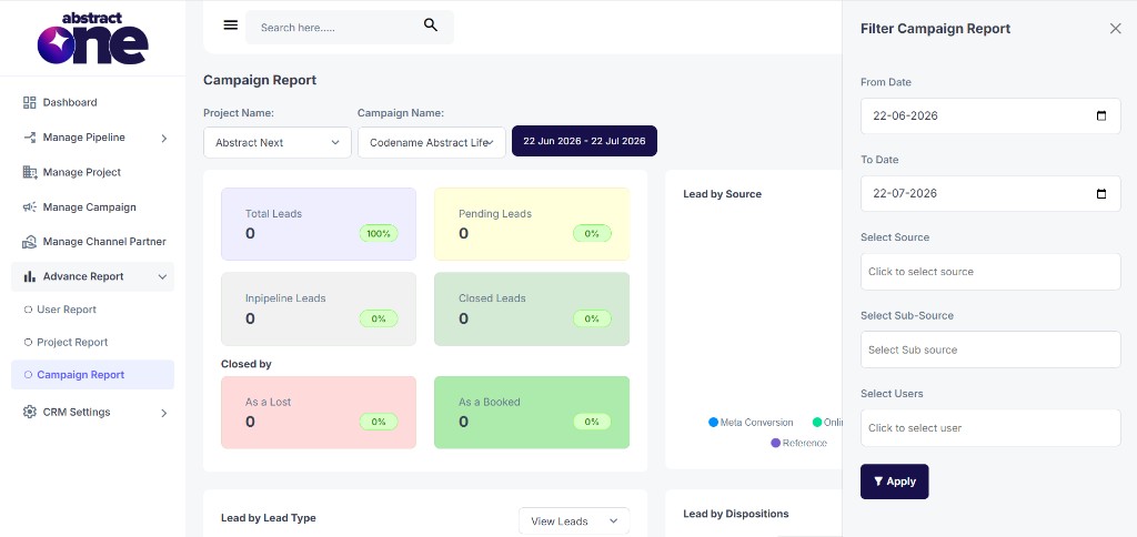 Filter Campaign Report drawer with date, source, and user filters