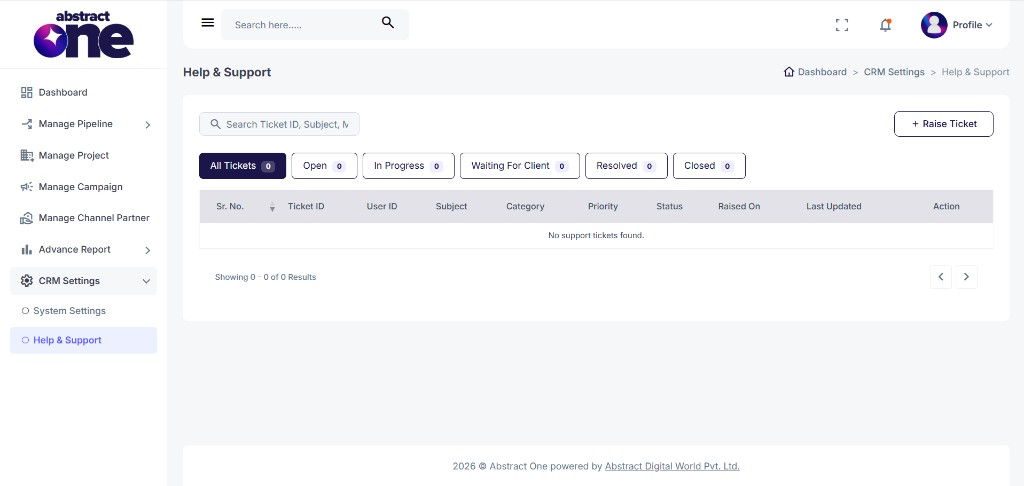 Help and Support ticket list page with no tickets
