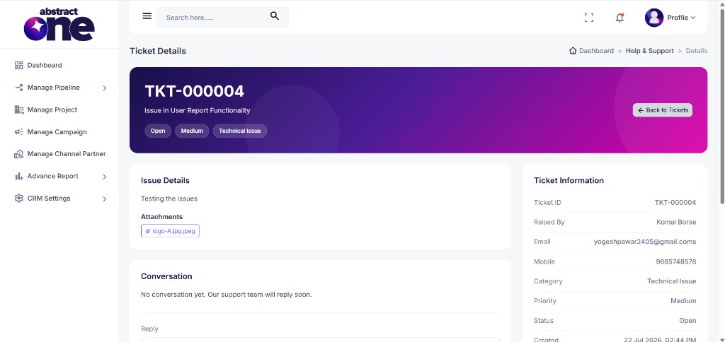 Ticket Details page header with ticket ID, subject, status, and priority