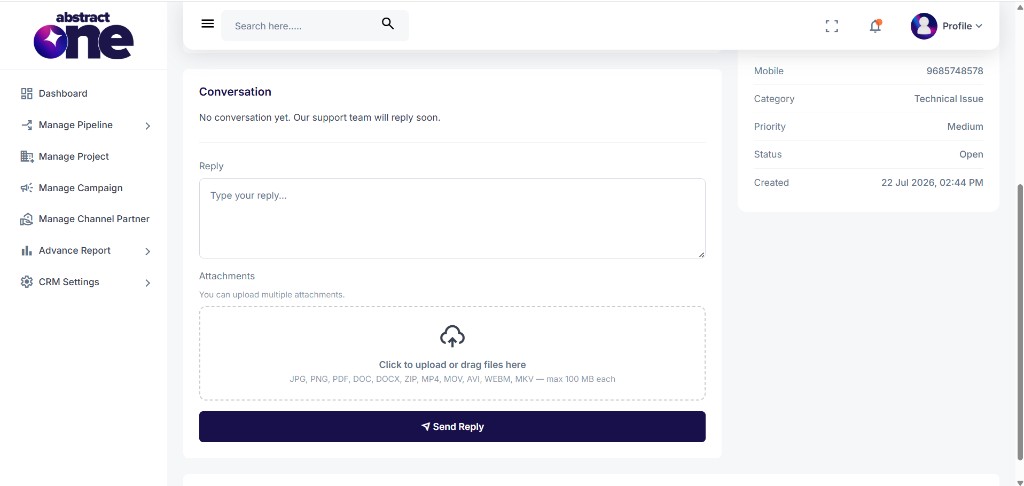 Ticket reply section with attachments and send reply button