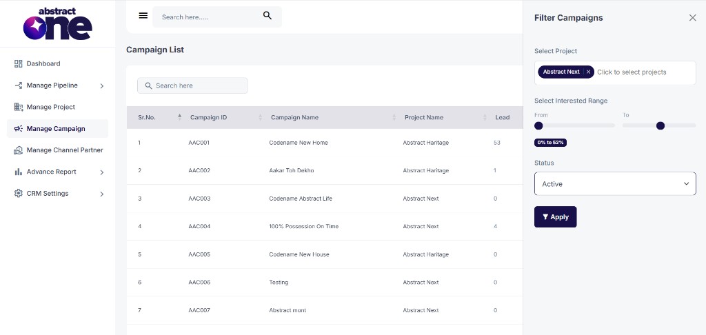 Filter Campaigns drawer with filter options