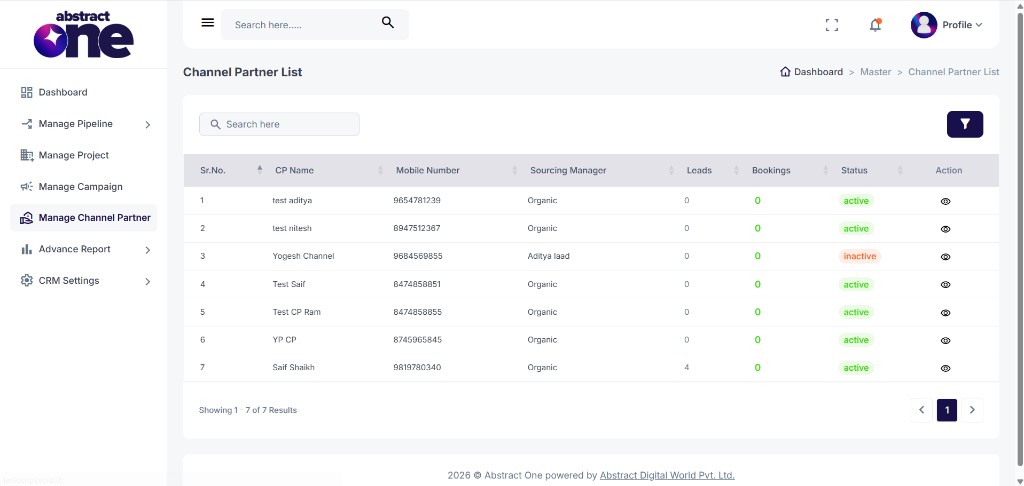 Channel Partner List page with partner table