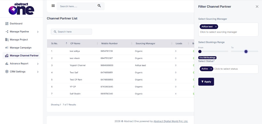 Filter Channel Partner drawer with filter options