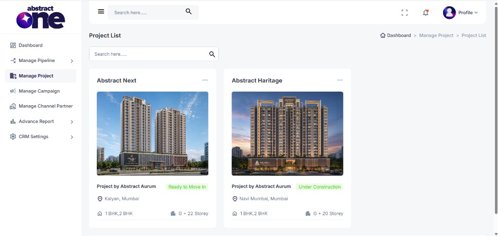 Project List page with project cards