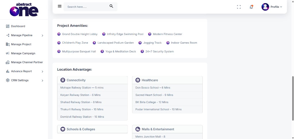 More project details sections on Project View page