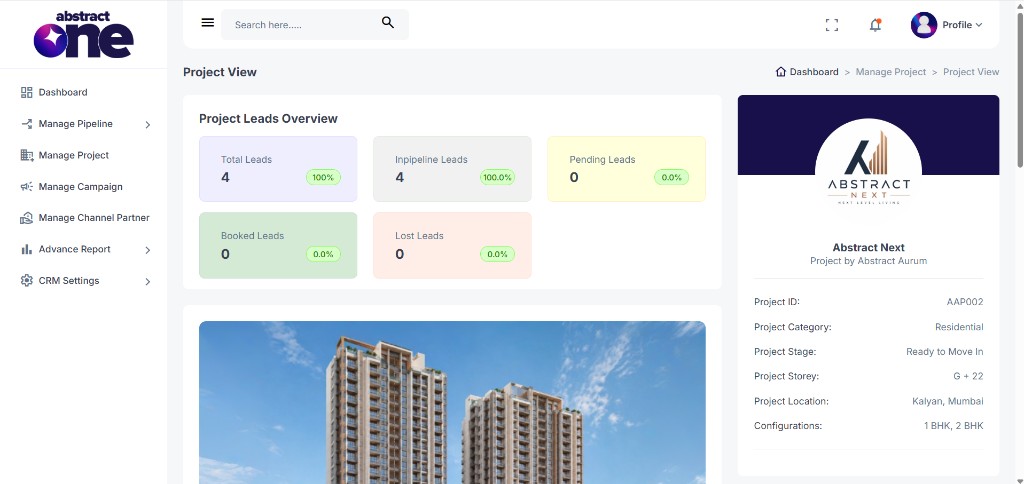 Project View page with lead stats and project details