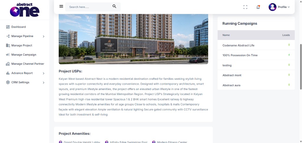 Additional project information on Project View page