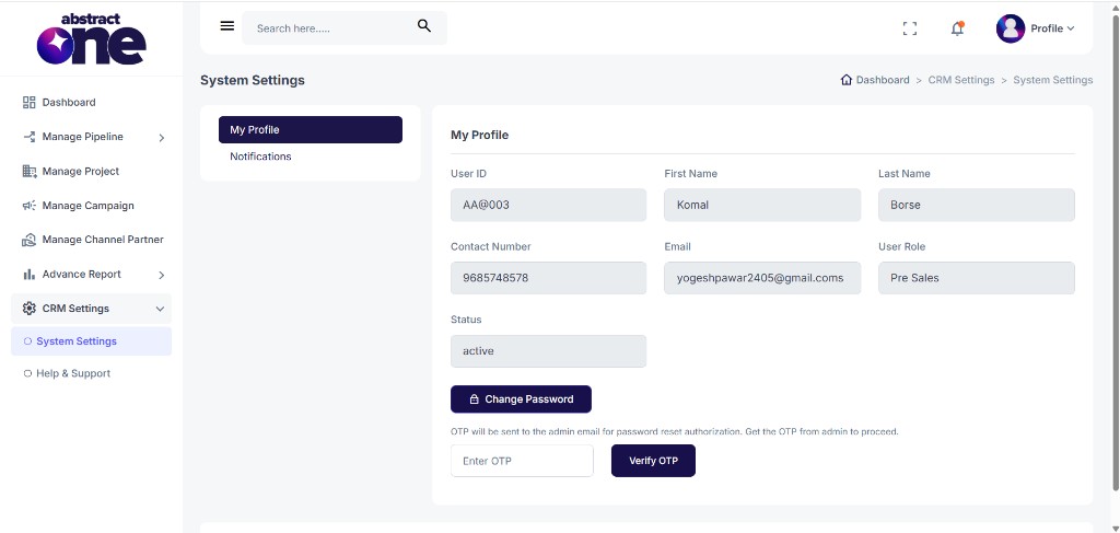 Change Password with OTP entry field