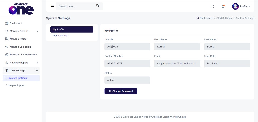 My Profile page with user details and change password option