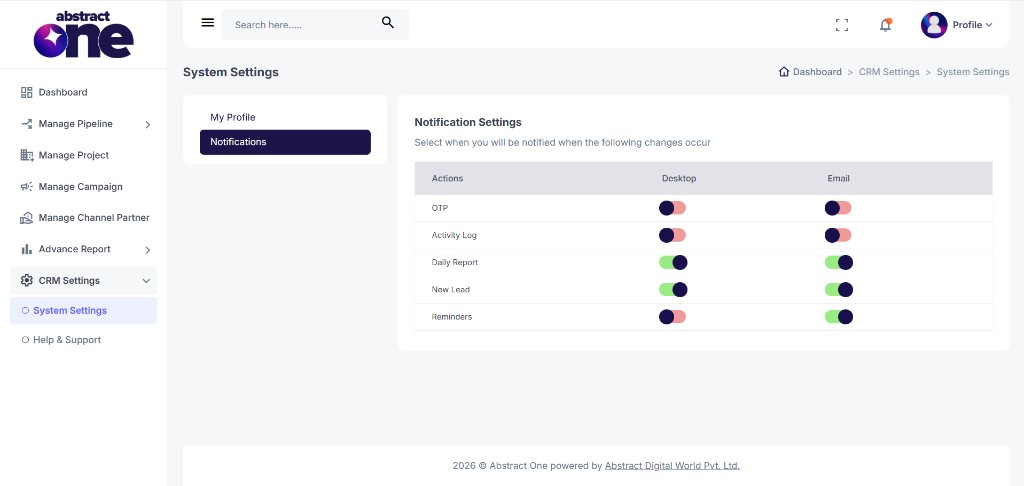 Notification Settings page with desktop and email toggles