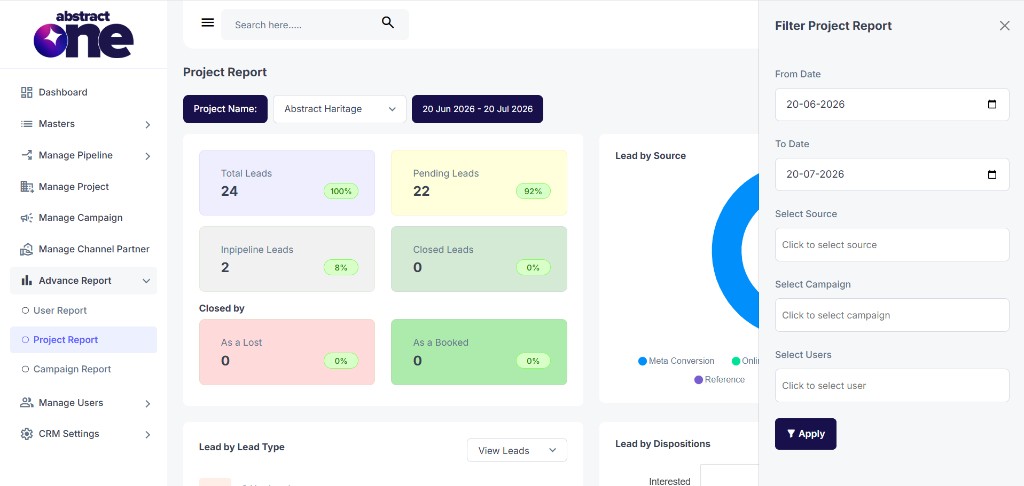 Filter Project Report drawer with date, source, and campaign filters